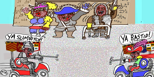 Cartoon: Old Fart Village - "Golf Cart Knights" | Elliot Feldman | Scene4 Magazine - March 2019- www.scene4.com