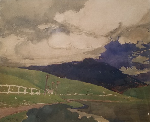A watercolor painting of a river and hills  Description automatically generated